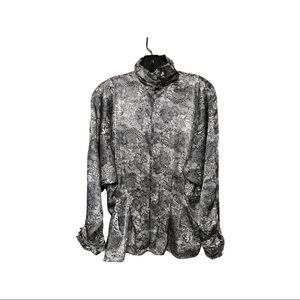 Tess Vintage long sleeve high button neck cinched/pleated waist silky blouse.